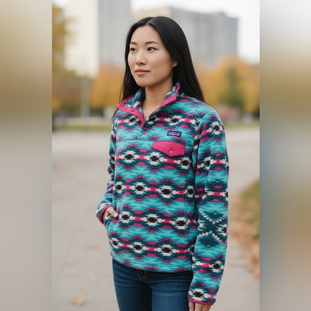 Patagonia Synchill Blue and Pink Collar Long Sleeve fleece Sweatshirt si…
